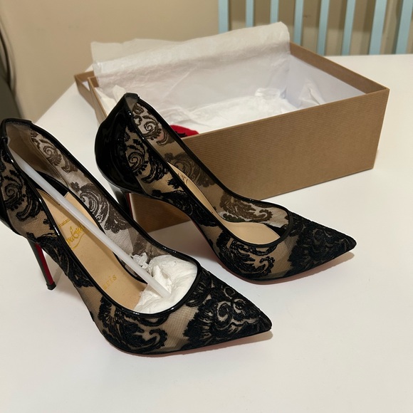 Christian Louboutin Black and Red Lace Heels - Picture 2 of 4